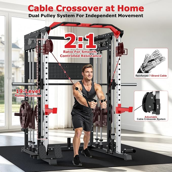 XDDIAS Smith Machine with Power Rack, 2300LBS Home Gym System with Dual Pulley Cable Crossover, Squat Rack with LAT Pulldown, Adjustable Power Cage for Strength Training, Full Body Workout Equipment