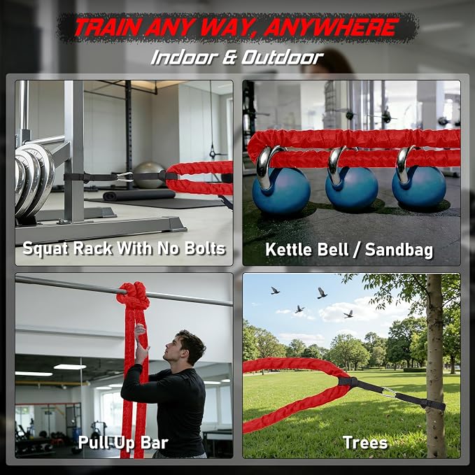 Battle Rope for Home Gym Workout - 1.5 Inch 30ft Heavy Weighted Training Exercise Ropes Fitness Equipment with Sleeve and Anchor Strap Kit for Outdoor Working Out - Red