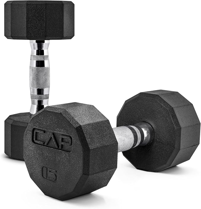 CAP Rubber Coated Dumbbell Weights, Free Weights for Home Gym Strength Training, Anti-Roll Hex Dumbbells with Black, Chrome & Comfort Grip Handles, Pairs & Sets