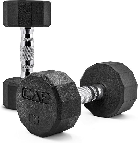 CAP Rubber Coated Dumbbell Weights, Free Weights for Home Gym Strength Training, Anti-Roll Hex Dumbbells with Black, Chrome & Comfort Grip Handles, Pairs & Sets