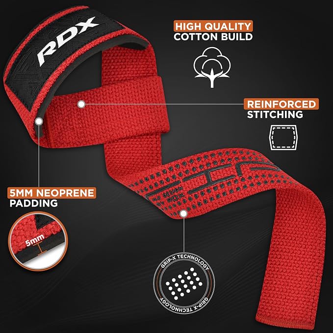 RDX Lifting Straps for Weightlifting –100% Cotton Heavy Duty Gym Wrist Strap with 5MM Neoprene Padding, 60CM Anti-Slip Hand Grip Wraps for Deadlifts Powerlifting Workouts Strength Training, Men Women
