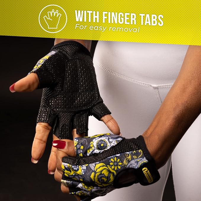 Contraband Pink Label 5237 Womens Designer Workout Gloves | Sugar Skull Print w/Grip-Lock™ Padding (Yellow, X-Small)