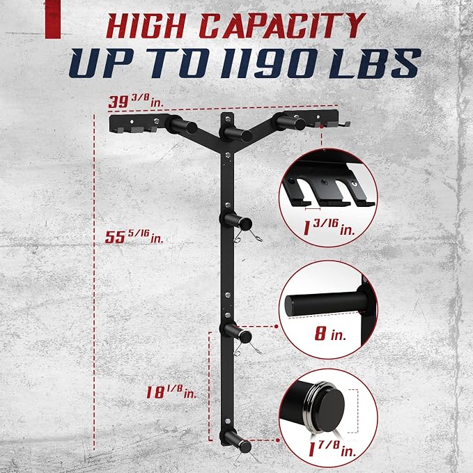 Yes4All 6 Pegs & 4 Barbell Storage Racks Load Up to 1190 LBS - Wall Mounted Weight Plate Tree & Barbell Holder
