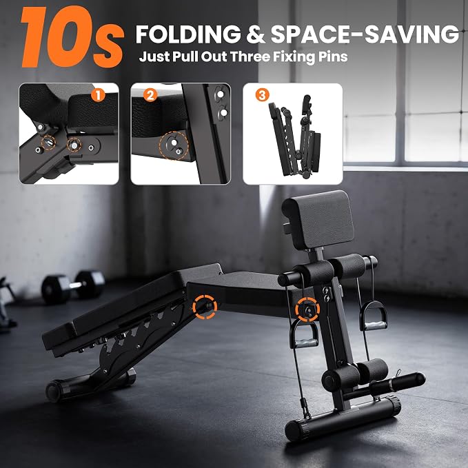 VUSIGN Adjustable Workout Bench, Weight Bench for Home Gym, Preacher Curl Bench with Leg Extension for Full Body Training Fitness, Foldable Incline Flat Decline Sit Up Bench Equipment for Bench Press Dumbbell Exercise with Wheels