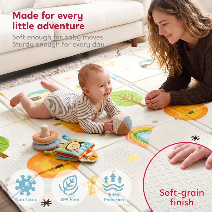 Baby Play Mat – Foldable 78"x51" XPE Foam Baby Floor Play Mat with Fabric Surface, Double-Sided Cute Print, Soft Non-Slip Tummy Time, Play Mat for Babies 0-12 Months, Nursery, Playroom, Living Room