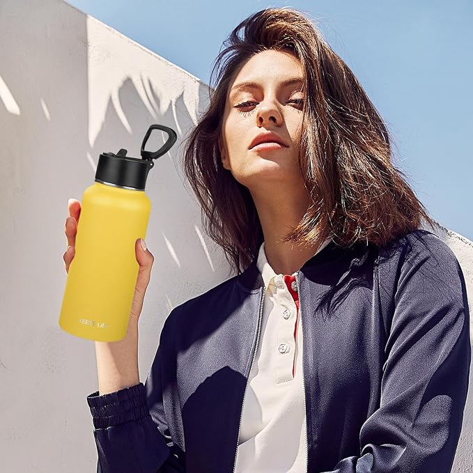 Insulated Water Bottle With Straw,32 oz Vacuum Insulated Stainless Steel Sports Water Flask,Keeps Cold and Hot,Metal Water Bottle Wide Mouth for Gym Travel Camping (Yellow)