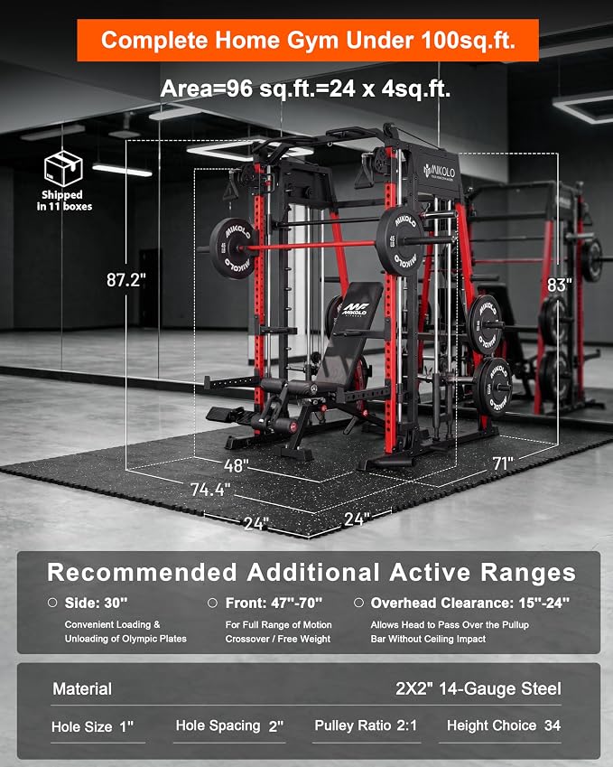 Mikolo M4 2.0 Smith Machine, 2200lbs Squat Rack with LAT-Pull Down System & Cable Crossover Machine, Training Equipment with Leg Hold-Down Attachment