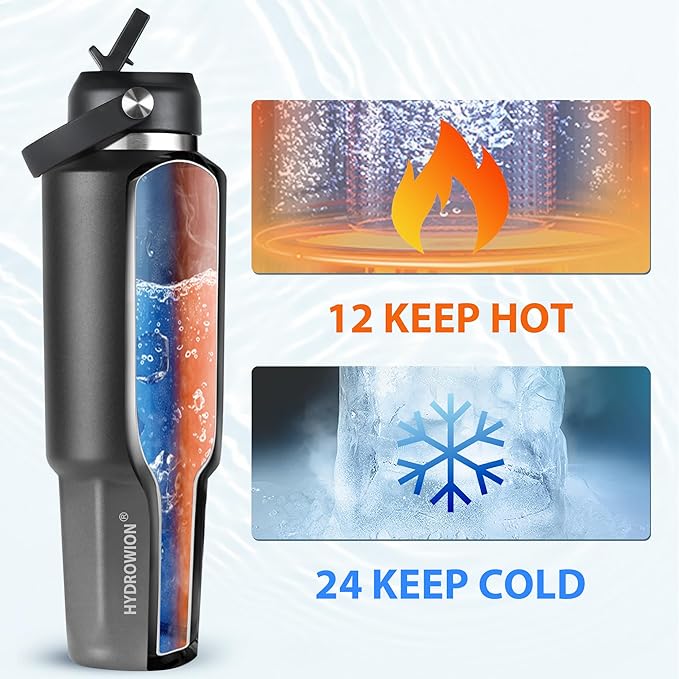 HYDROWION 32 oz Insulated Water Bottle, Car Water Bottle Holder - Double Wall Vacuum Insulated Travel Bottle with Straw Lid, Spout Lid and Flex Cap - Cold for 24H, Hot for 12H, Black - Grey