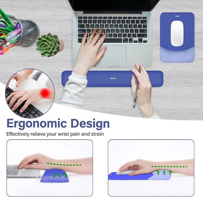 MOSISO Wrist Rest Support Mouse Pad & Keyboard Set, Royal Blue | Rectangular Ergonomic Mousepad, Non-Slip Base, Home/Office Pain Relief & Easy Typing, Neoprene Cloth & Raised Silicone Lining