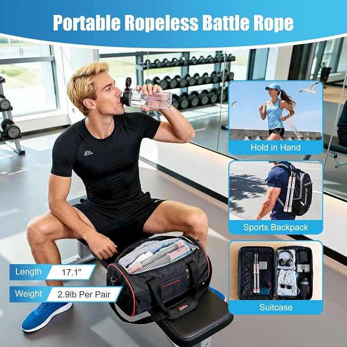 Weighted Ropeless Battle Ropes Adjustable Weight - Portable Cordless Battle Ropes for Home Gym with Poster - Strength Building, HIIT and Low-Impact Aerobic Training for Men & Women (Pink)