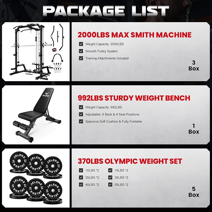SR01 Smith Machine, 2000LBS Multi-Function Power Cage with LAT Pulldown System, All-in-One Home Gym Squat Rack with Smith Bar and Training Attachments for Full Body Workouts