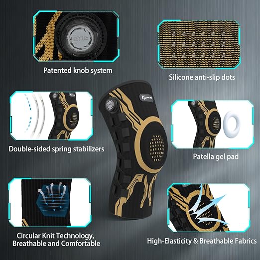 Kuangmi Knob Knee Brace for Pain Relief, Knee Support with Patella Gel Pad & Side Stabilizers, Compression Knee Sleeve for Workout, Arthritis, Joint Pain, Meniscus Tear (Gold Black,Left,Large,Single)