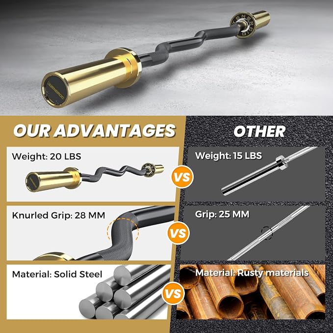 47” Solid Steel Olympic Curl Bars, 500LB | EZ and Super EZ curl bars with knurled grips, rotating sleeves, solid steel build, and 2-inch Olympic plate compatibility