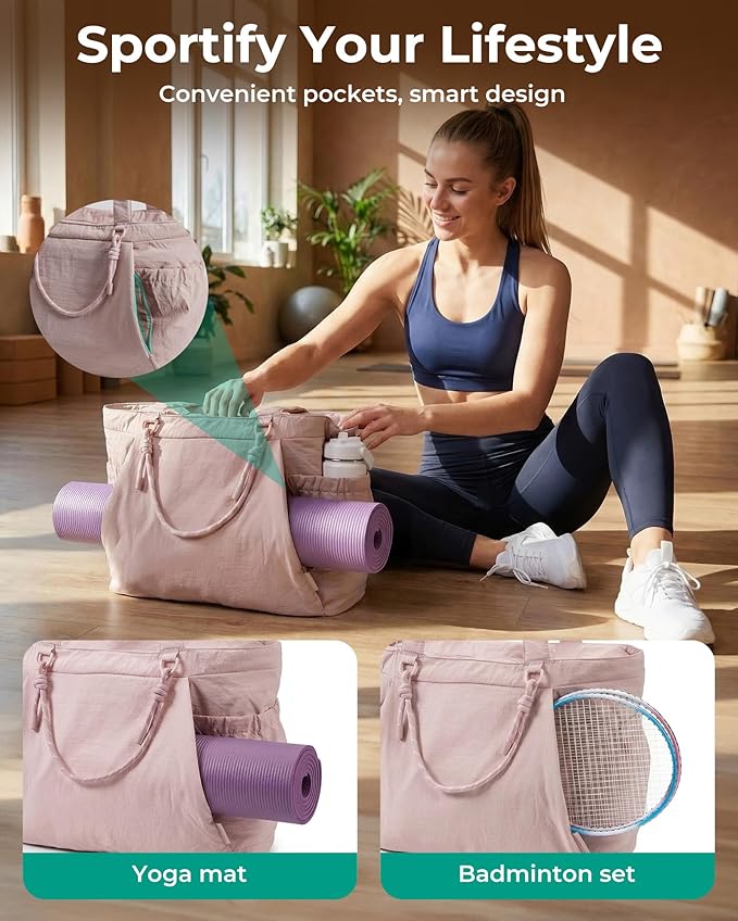 BAGSMART Yoga Pilates Tote Bag for Women with Knotted Handle, Gym Bag | 23L lightweight & waterproof shoulder sling bag, gym bag with yoga mat holder, for 15.6'' Laptop, ideal for work travel