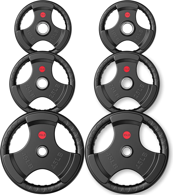 Gikpal Olympic Weight Plates, 2-Inch Three-Grip Rubber Coated Barbell Plates with Steel Hub, Cast Iron Weights for Strength Training & Home Gym, Pair or Sets (2.5–45LB)