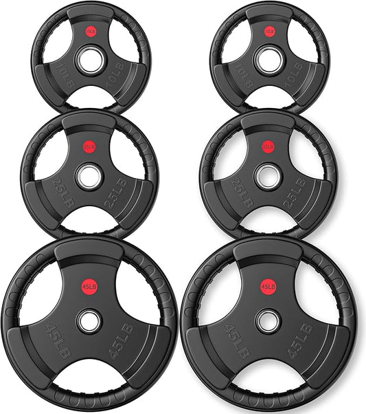 Gikpal Olympic Weight Plates, 2-Inch Three-Grip Rubber Coated Barbell Plates with Steel Hub, Cast Iron Weights for Strength Training & Home Gym, Pair or Sets (2.5–45LB)