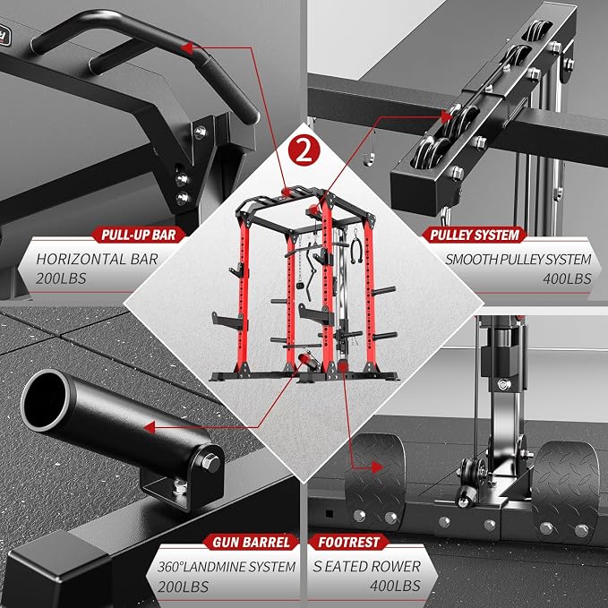 Power Cage Multi-Function Power Rack with Cable Crossover System,1500 LBS Capacity Squat Rack with Weight Bench,for Home Gym