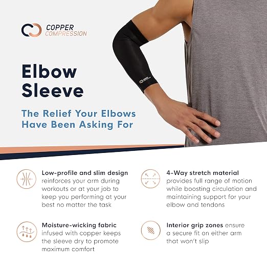 Copper Compression Elbow Sleeve - Copper Infused Orthopedic Brace for Golf Elbow, Bursitis & More - Fits Men & Women -1 Sleeve- Original/Black - S