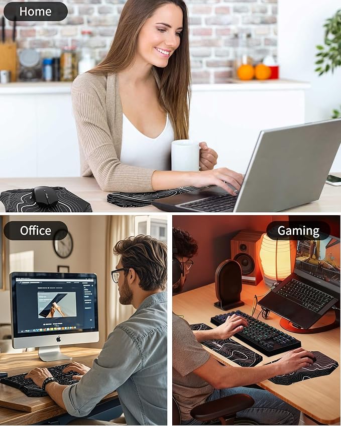 Ergonomic Mouse Pad Wrist Rest and Keyboard Wrist Rest Support Set | Massage Design Mousepad for Carpal Tunnel Pain Relief, Memory Foam, Non-Slip PU Base for Computer Desk, Topographic