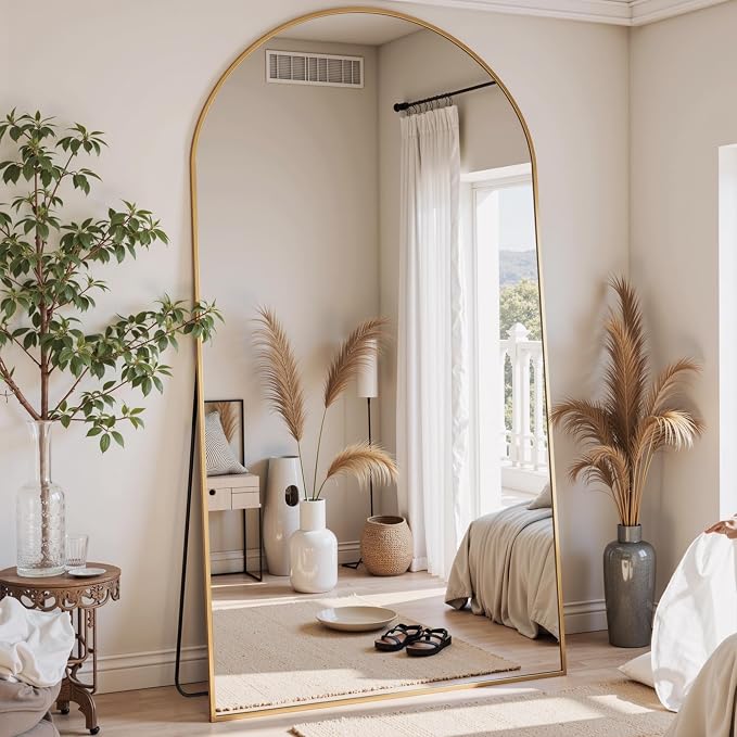 Floor Mirror, 90"x46" Oversized Full Length Mirror with Stand, Arched Full Body Mirror Standing Hanging Leaning Against Wall, Aluminum Frame Giant Mirrors for Bedroom Cloakroom, Gold
