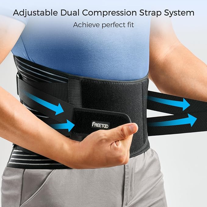 FREETOO Back Braces for Lower Back Pain Relief with 6 Stays, Breathable Back Support Belt for Men/Women for work , Anti-skid lumbar support belt with 16-hole Mesh for sciatica(L)