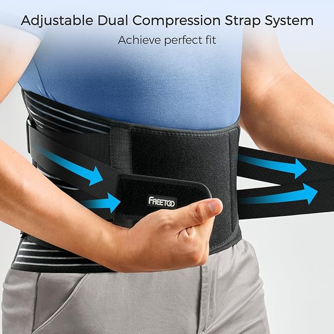 FREETOO Back Braces for Lower Back Pain Relief with 6 Stays, Breathable Back Support Belt for Men/Women for work , Anti-skid lumbar support belt with 16-hole Mesh for sciatica(S)