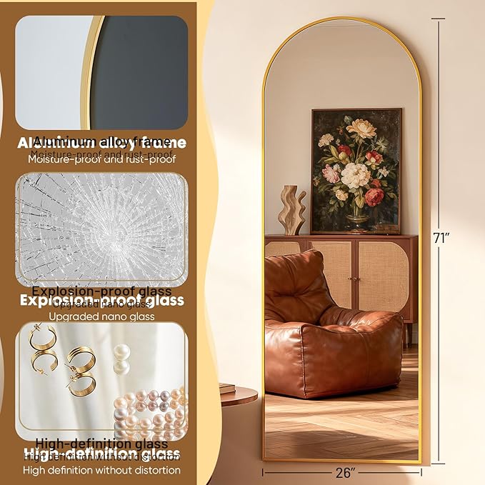 Simple Deluxe Arched Full Length Mirror, 71"x26"Large Floor Mirrors, for Wall Door Bedroom Bathroom Living Room (Gold)