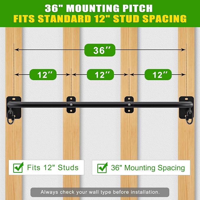 SELEWARE 32"/36" Wall Mount Pull Up Bar Joist Mount Chin Up Bar for Doorway | Heavy Duty Steel Construction Support 450 lb, w/Resistance Band Hooks, Fits 32"/36" Wall Studs for Home Gym Strength Training