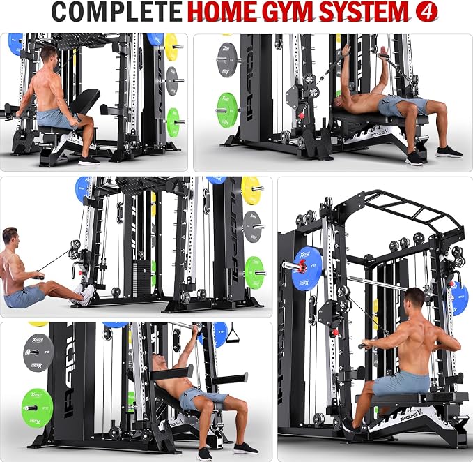 XGSW Smith Machine with Weight Stack, Multi-Function Squat Rack Power Cage with Cable Crossover System, for Home Gym