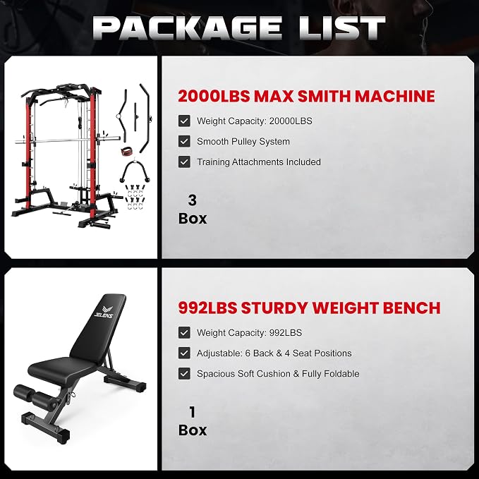 SR01 Smith Machine, 2000LBS Multi-Function Power Cage with LAT Pulldown System, All-in-One Home Gym Squat Rack with Smith Bar and Training Attachments for Full Body Workouts