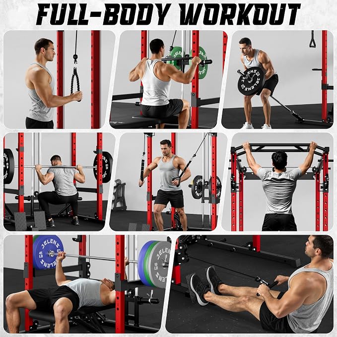 JELENS C12 Power Rack, 2000LBS Squat Rack with Cable Crossover System, Workout Cage with More Training Attachments for Home Gym