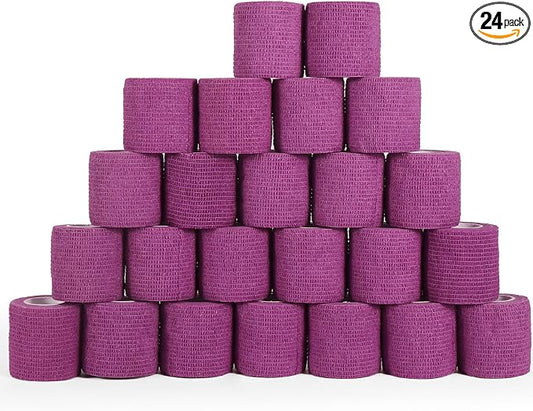 24 Rolls Elastic Self Adhesive Bandage Wrap 2 Inch, Breathable Non Woven Cohesive Bandage, Vet Wrap for Dogs, Ankle Sprains Swelling Medical First Aid Tape, Sports Athletic Tape Purple
