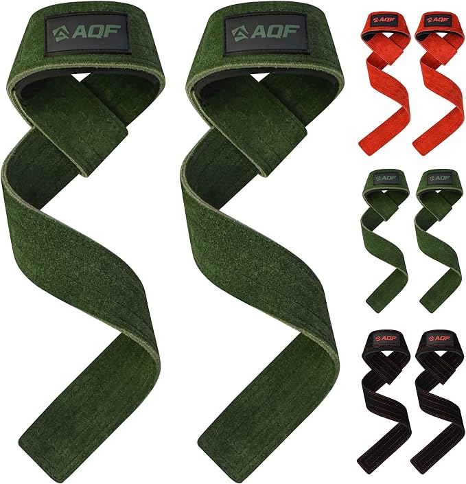 AQF Leather Weight Lifting Straps, Heavy Duty Wrist Strap for Powerlifting | Premium Suede Leather, Handcrafted Construction, Reinforced Dual Stitching, 3 mm thick & 66cm long, Sold as a Pair