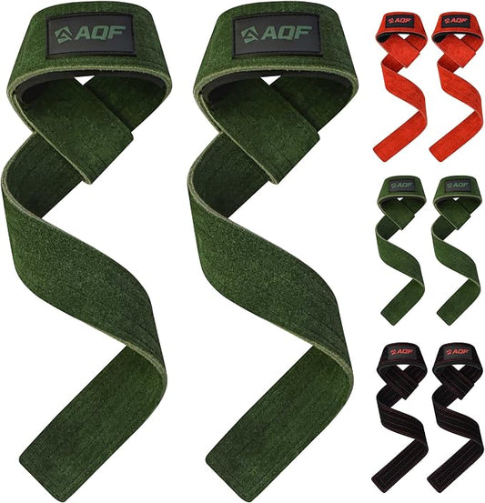 AQF Leather Weight Lifting Straps, Heavy Duty Wrist Strap for Powerlifting | Premium Suede Leather, Handcrafted Construction, Reinforced Dual Stitching, 3 mm thick & 66cm long, Sold as a Pair