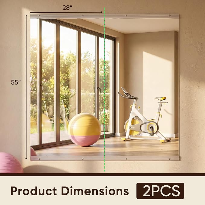 Antok Home Gym Mirror 55"x28" 2PCS, Large Full Length Wall Mounted Mirrors, Frameless Tempered Glass Full Body Mirror for Gym Yoga Dance Studio Garage Bedroom & Bathroom