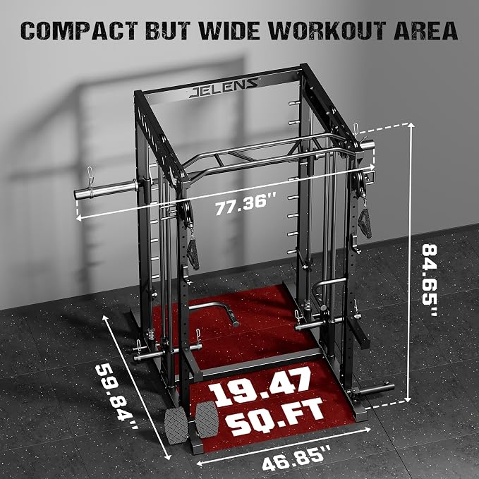 JELENS M21 Smith Machine, Multi-Function Power Cage with Dual Pulley Cable Crossover System, 2000LBS All-in-One Squat Rack with Smith Bar and Attachments for Home Gym