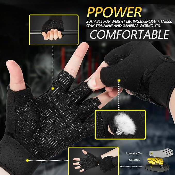 Workout Gloves Padded Weight Lifting Gloves for Men/Women, [3MM Gel] Fingerless Grip Gym Gloves Fitness Gloves for Exercise,Hanging,Weightlifting, Cycling, Pull ups, Rowing