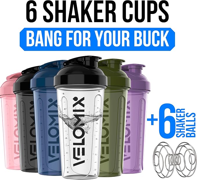 VELOMIX 6 Pack 28oz Protein Shaker Bottle, Dynamic Fuel Series | 6x Wire Whisk, Leak Proof Shaker Cups for Protein Shakes, Stackable, Dishwasher safe, BPA free, Pre Workout and Gym ready