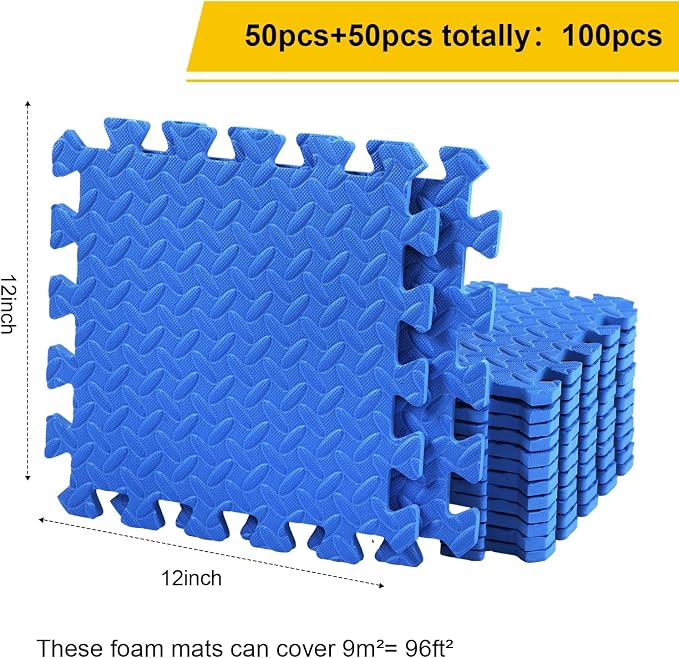 Ecally 100 Pcs 12 x 12 Gym Mat Foam Floor Mats for Home Gym Covers 96 Sq Ft Puzzle Exercise Square Interlocking Carpet Tiles with Border for Workouts Equipment Yoga Pilates (Blue)