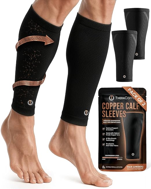 TheraCopper Copper Calf Compression Sleeve — Premium Copper Compression Shin Sleeve for Men & Women — Breathable & Non-Slip Leg Sleeves for Runners, Shin Splints, Muscle Recovery & Leg Fatigue (Small)