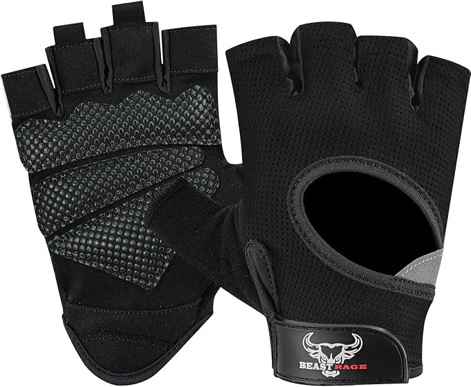 BEAST RAGE Fingerless Weight Lifting Gloves with Palm Protection Padding, Breathable Lightweight Gym Gloves for Men, Women, Weightlifting, Cycling, Exercise, Training Pull Up