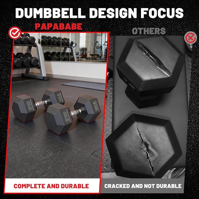 PAPABABE Dumbbell Set with Rack Dumbbells Rubber Encased Home Gym | PAPABABE Complete & Durable Cast Iron Core Odorless PVC Antiroll Hex Shape Ergonomic Chrome Handle Versatile Home Gym
