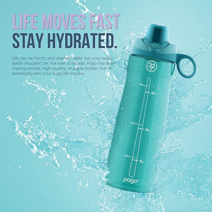 Pogo 64oz Plastic Water Bottle with Chug Lid and Carry Loop, Purple | Leakproof water bottle with chug lid and capacity markings. BPA-free, great for travel, school, outdoors, and gym.