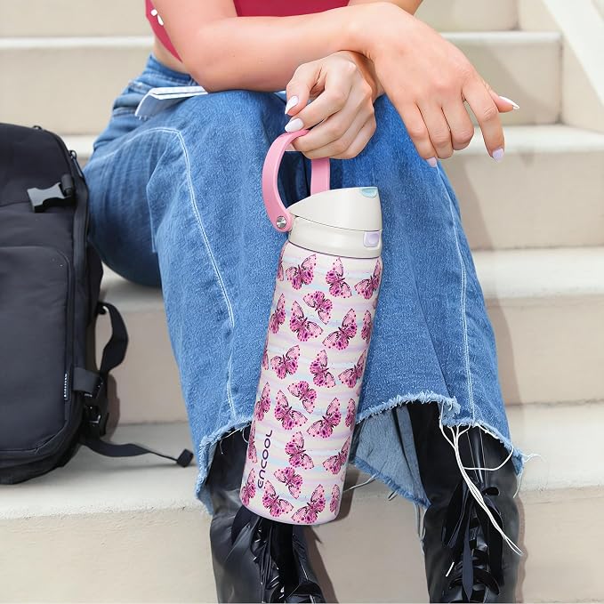 ENCOOL Leakproof Insulated Water Bottle with Straw Dual-Sip Water Bottle Bag-Safe Design for Work, Commute & Gym – Keeps Drinks Cold All Day, 24 oz, Y2K Butterfly