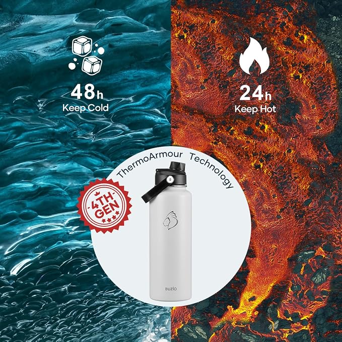 BUZIO Triple Wall Vacuum Water Bottle with Dust-proof Straw & Spout Lids | 40 oz Insulated Stainless Steel Water Flask (Cold for 48 Hrs/Hot for 24 Hrs), Dishwasher Safe, Leakproof, Non-BPA, for Hiking