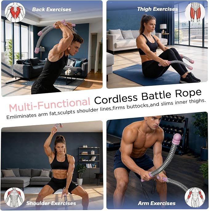 Portable Adjustable Cordless Battle Ropes, Heavy Duty Ropeless Battle Rope Non-Slip Handle with Storage Bag for Small Space, Rope for Women HIIT Cardio Low-Impact Aerobic Training