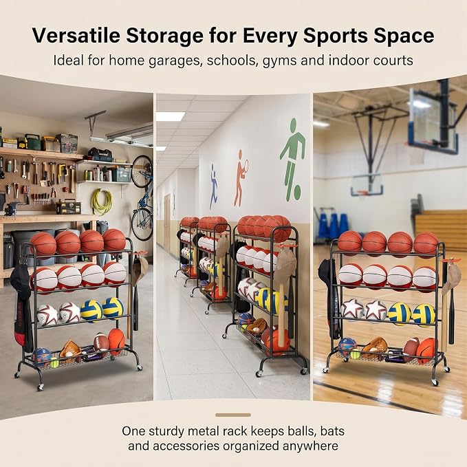 EXTCCT Basketball Rack, Rolling Basketball Shooting Training Stand,Sports Equipment Storage with Wheels, Four-Layer Organizer Holder with Two Basket for Basketballs Footballs Volleyball