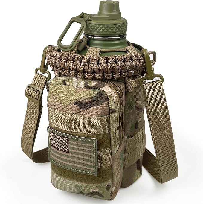 DEFUNX Half Gallon Water Bottle with Sleeve - 64 Oz Insulated Water Jug with Handle - Green Stainless Steel Sports Water Bottle for Gym Workout Hiking Tactical Bottle Holder with Pouch Camo