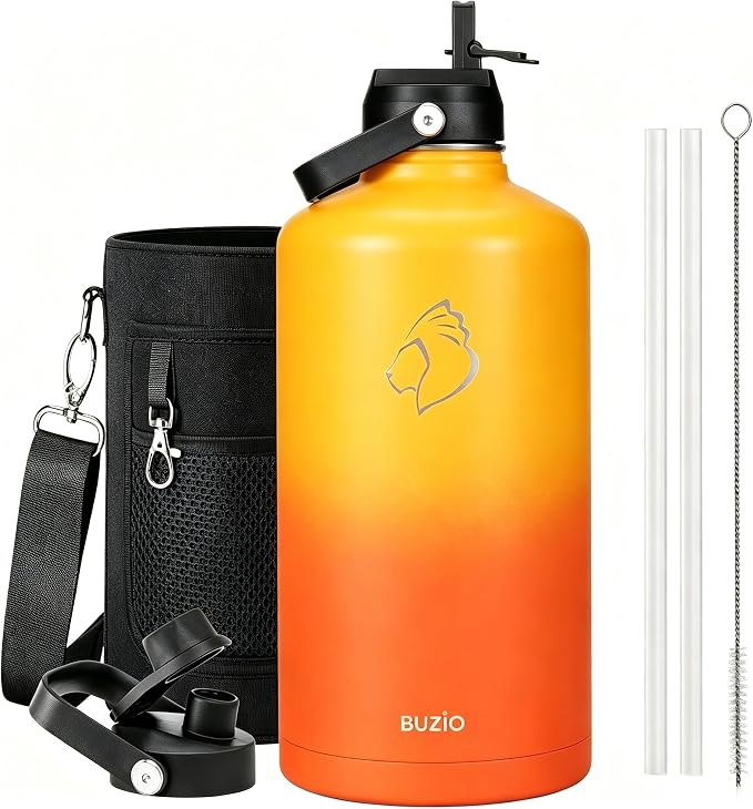 BUZIO 1 Gallon Water Bottle Insulated with Dust-proof Straw & Spout Lids | 128 oz Large Water Jug 18/8 Stainless Steel Triple Wall (Keep Cold 48Hrs/Hot 24 Hrs), Dishwasher Safe, Sweat-Proof, Black