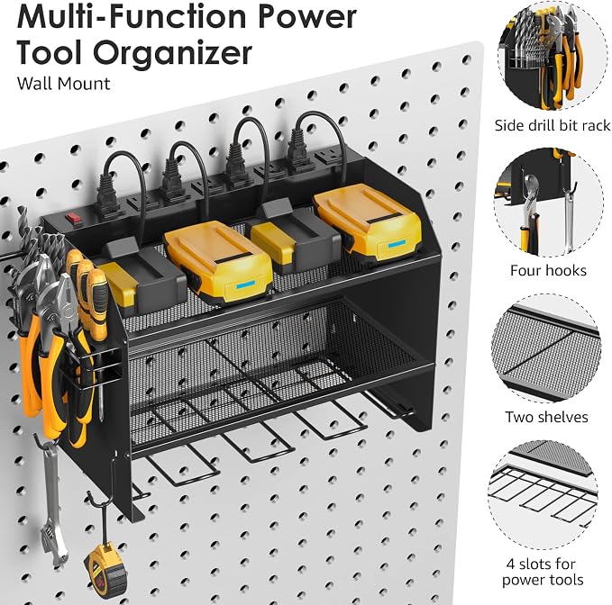 CCCEI Wall Mount Modular Tool Charging Organizer, Black, 2 Pack, 3 Tier. | Drill Battery Storage Rack with Hooks, Garage Workshop, Gifts for Men, Dad, Husband Anniversary, Birthday, Christmas
